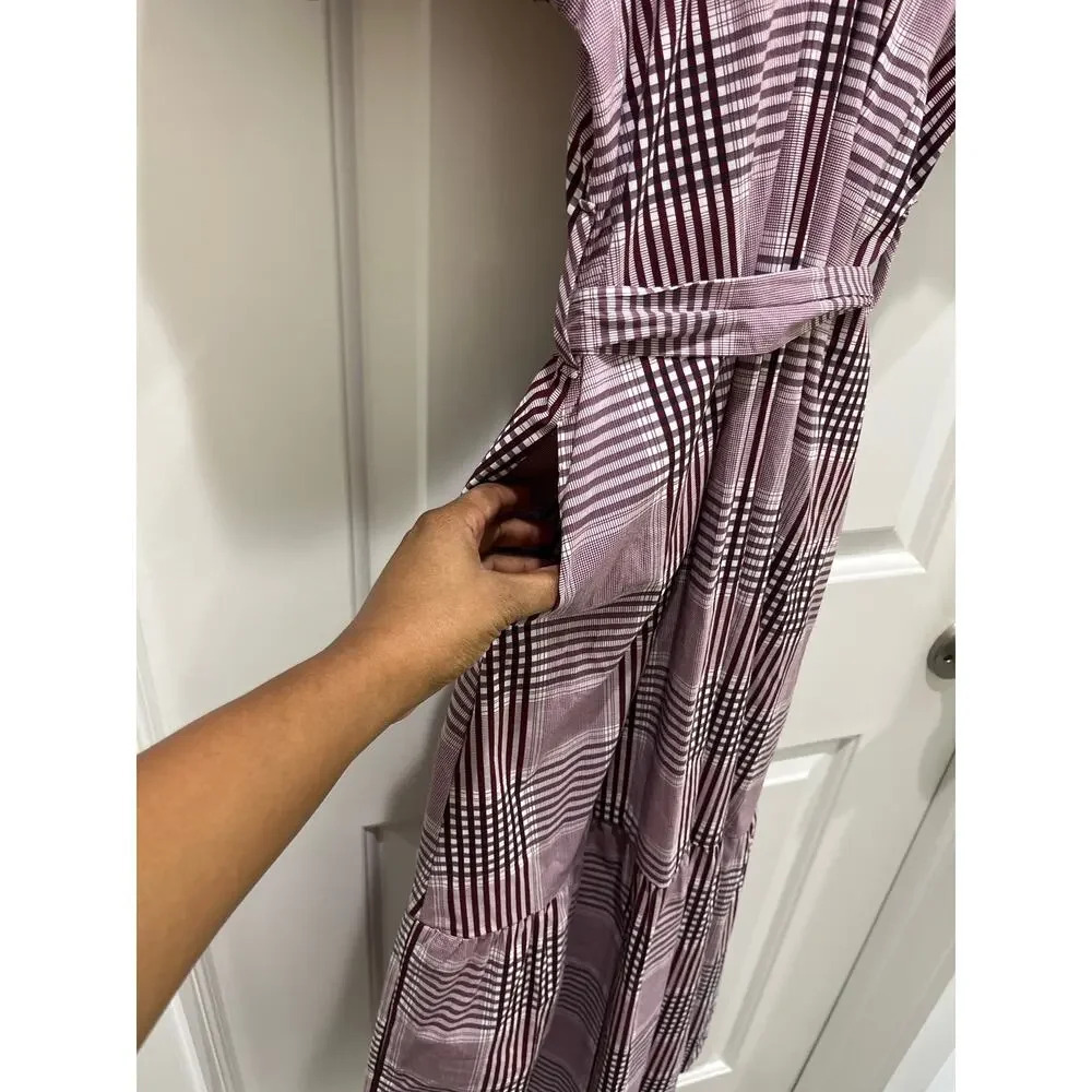 Never A Wallflower Puff Sleeve Burgundy Plaid Midi Dress Sz S - Picture 6 of 11